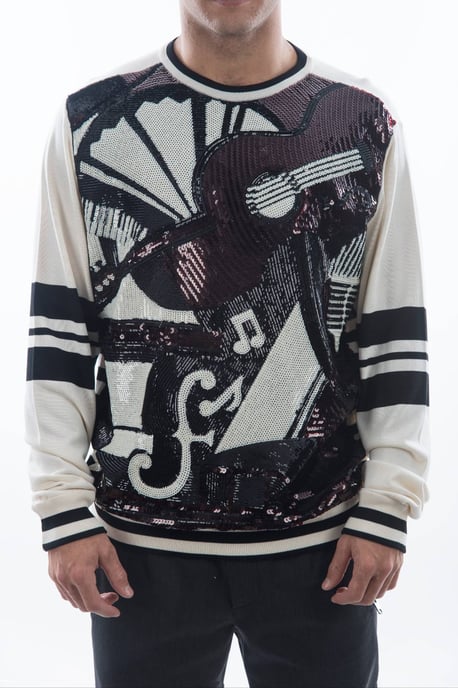 Dolce & Gabbana Men's White Jazz Sequined Guitar Pullover Top Sweater - Image 1