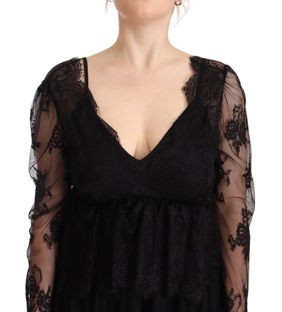 Aniye By Women's Black Floral Lace Cotton Long Sleeves V-neck Shift Dress