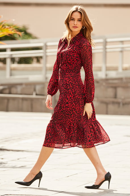 Red & Black Leopard Print Tiered Midi Shirt Dress