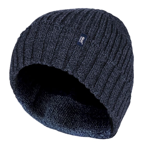 Heat Holders - Mens Ribbed Knit Fleece gefüttert isoliert warm Turn Over Cuff Thermal Winter Beanie Hat - Navy - Image 1