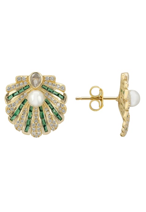 Art Deco Scallop Shell Earrings Emerald Green With Pearl Gold