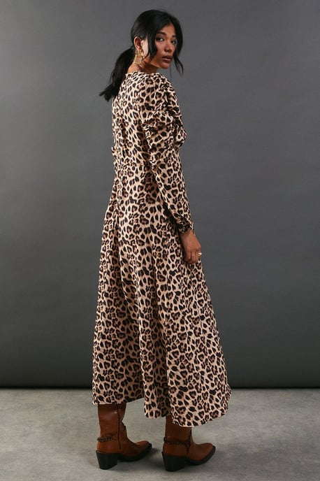 Leopard Viscose V Neck Long Puff Sleeve Midi Dress