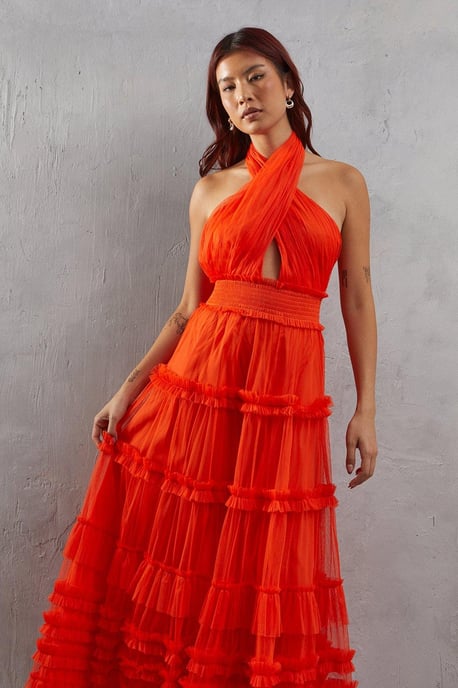 Tulle Halter Shirred Waist Tier Maxi Dress - Image 2