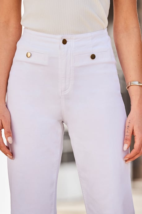White Wide Leg Jeans With Gold Button Detail