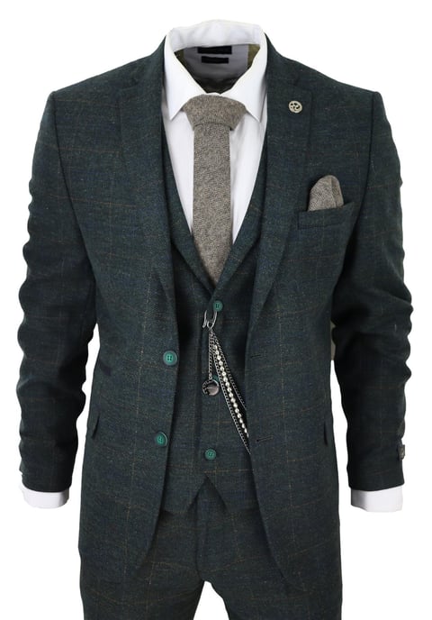 Herren 3-teiliges Wollanzug Olivgrün Tweed Karo Peaky Blinders 1920 Gatsby Formal - Image 1