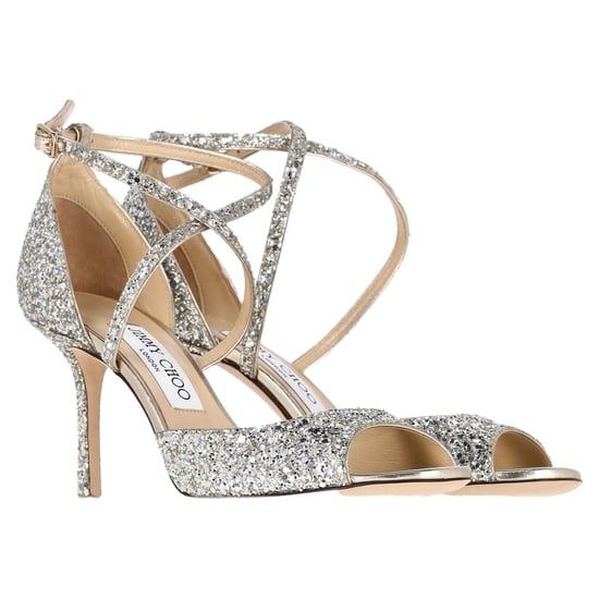Jimmy Choo Emsy 85 Sandals in Champagne Glittered Leather