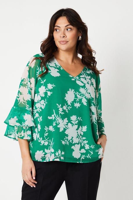 Curve Green Floral Flute Sleeve Top