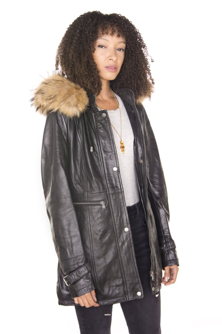 Womens Leather Hooded Parka Jacket-Putian