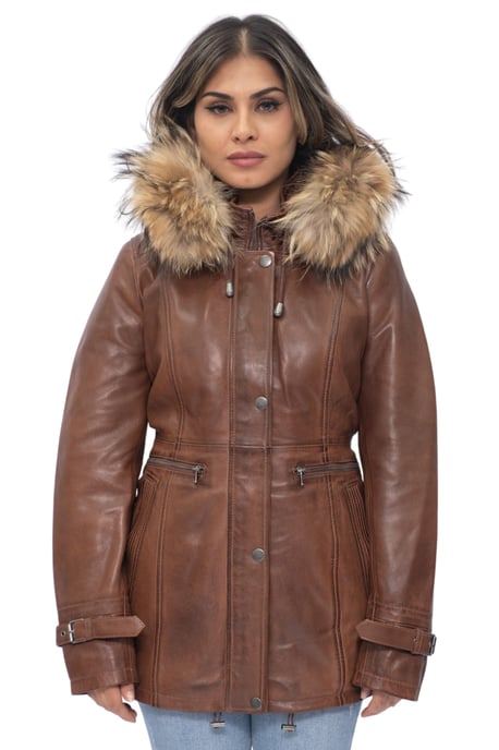 Womens Leather Hooded Parka Jacket-Putian