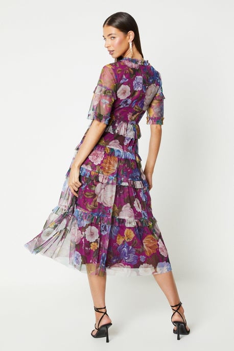 Printed Mesh Ruffle Midi Dress