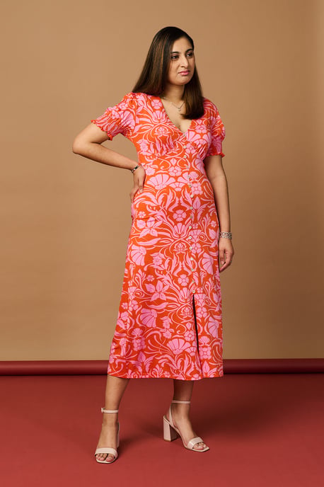 Orange Floral Tie Back Midi Tea Dress