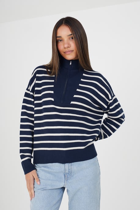 Navy 'Jottie' Striped 1/2 Zip Knitted Jumper