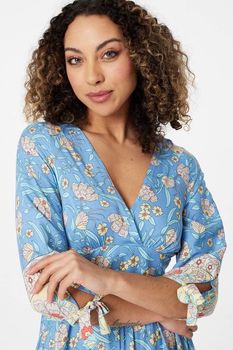 Blue Floral 3/4 Tie Sleeve Maxi Dress