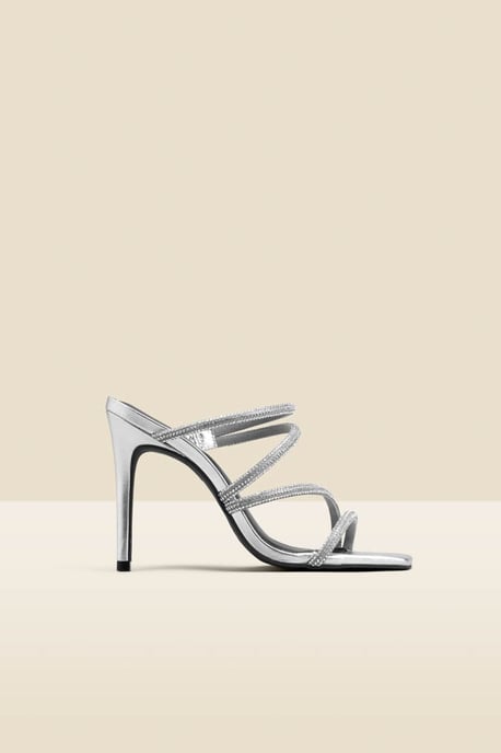 Silver Leather Diamante Strap Square Toe Sandal
