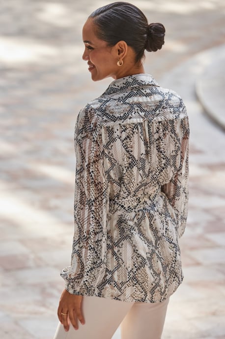 Snake Print Relaxed Fit Belted Longline Shirt