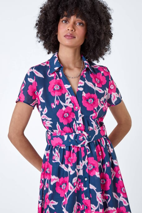 Floral Linen Look Belted Shirt Dress