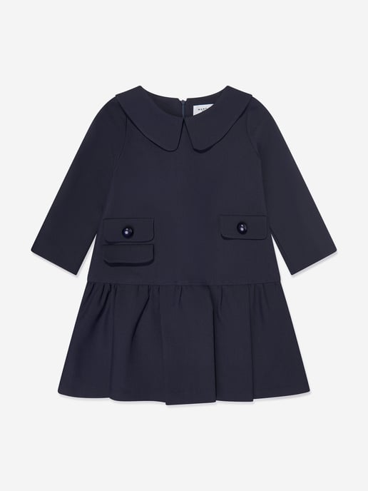 Mama Luma Girls Collar Pearl Pocket Dress in Navy