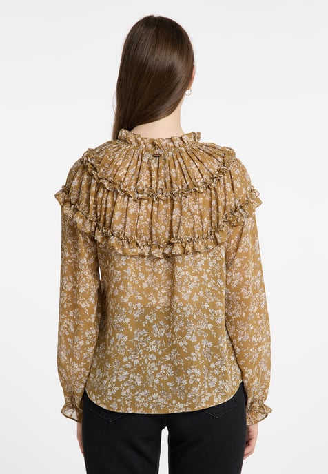 Dreimaster Rüschenbluse Damen Senf Weiss - Image 4