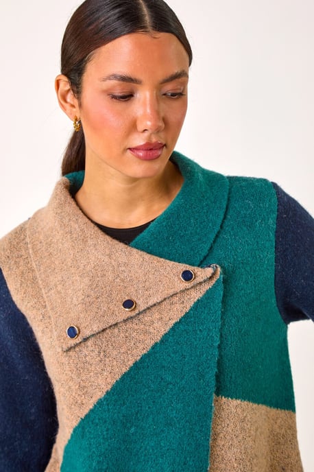 Colour Block Button Collar Knit Cardigan - Image 4