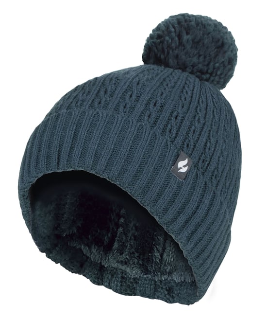 Ladies Thermal Cable Beanie Hat | Heat Holders | Winter Knitted Pom Pom Hat | Soft Ribbed Bobble Hat - Teal - Image 2