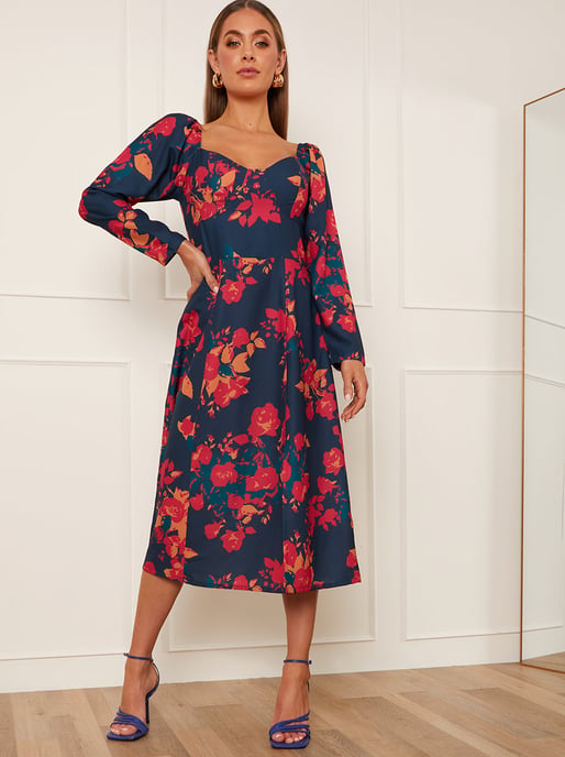 Long Sleeve Floral Midi Dress in Navy