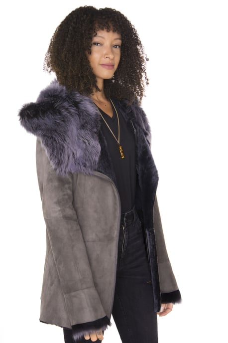 Womens Grey Suede Hooded Merino Sheepskin Coat-Monrovia