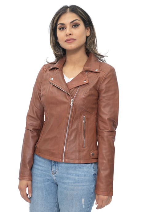 Women's tan leather biker jacket - Sacramento
