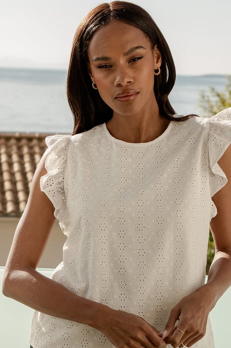 White 'Banana' Cotton Broderie Frill Sleeve Blouse