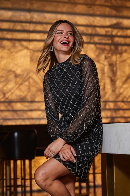 Black Geometric Embellished Belted Shift Dress