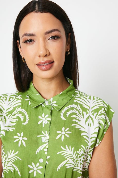 Shirred Waist Abstract Shirt Dress