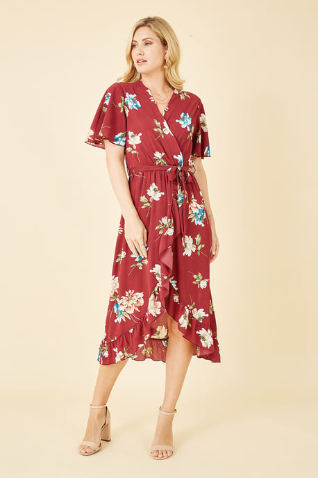 Red Floral Dip Hem Wrap Midi Dress