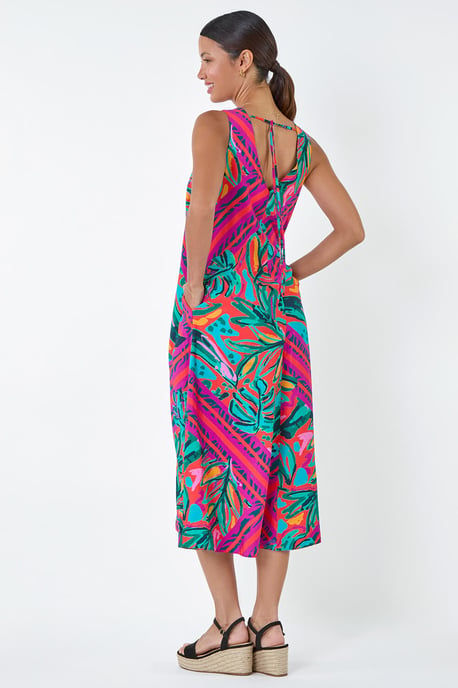 Tropical Leaf Print A-Line Midi Dress