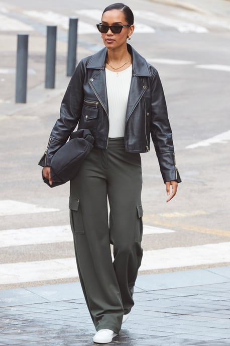 Black Pocket Detail Utility Leather Biker Jacket