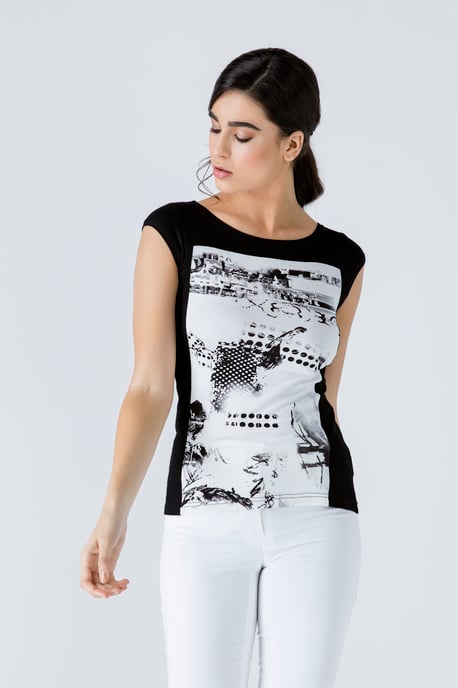 Black Print Detail Cap Sleeve Top