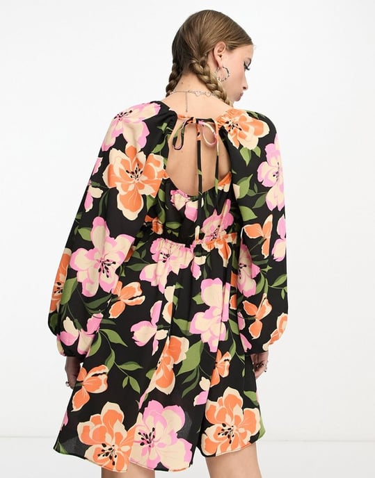 ASOS DESIGN babydoll open back mini skater dress with godets in large black floral-Multi