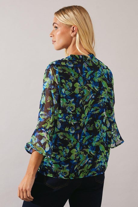 Petite Blue Abstract Flower Flute Sleeve Top