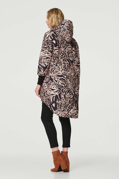 Beige Printed Zip Front High Low Coat