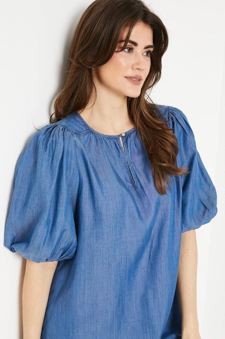 Denim Tencel Puff Sleeve Shift Dress