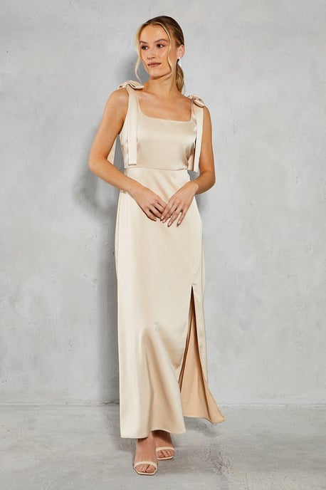 Satin Tie Shoulder Midi Bridesmaids Dress - Image 1