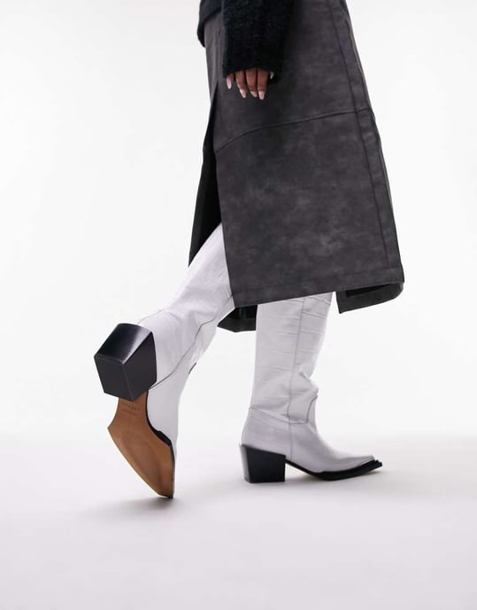 Topshop Rio leather western style knee high boot in white croc