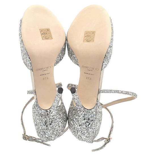Jimmy Choo Emsy 85 Sandals in Champagne Glittered Leather