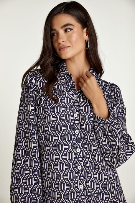 Marineblaues und weißes Print-Kleid mit Knöpfen - Image 5