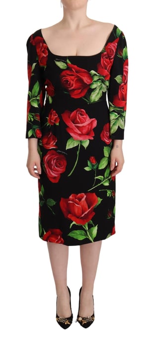 Dolce & Gabbana Damen Schwarzes Rotrosen Kleid aus Stretchseide - Image 1