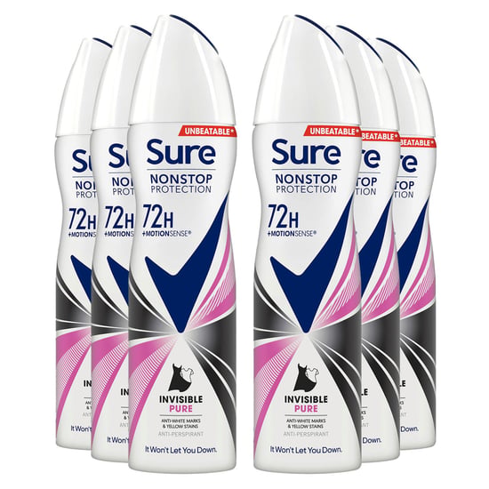 Sure Women Anti-Perspirant 72H Nonstop Protection Deo Invisible Pure 150ml, 6pk