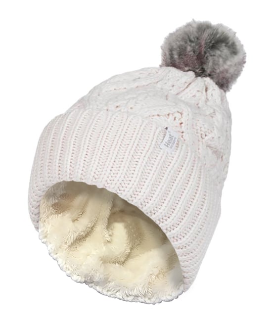 Ladies Ribbed Cuffed Pom Pom Bobble Beanie Mütze mit Fleece-Futter - Image 1