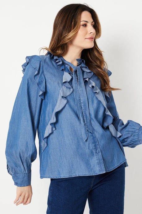 Denim Tencel Frill Tie Neck Blouse