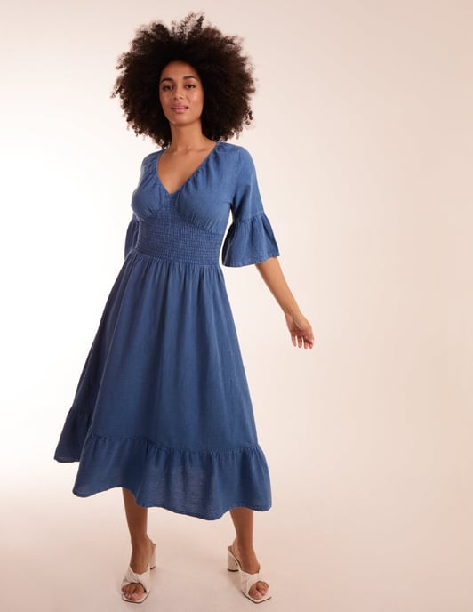 V Neck Shirred Midi Dress