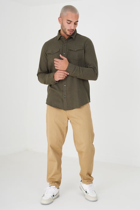 Khaki Cotton Brushed Flannel Long Sleeve Shirt