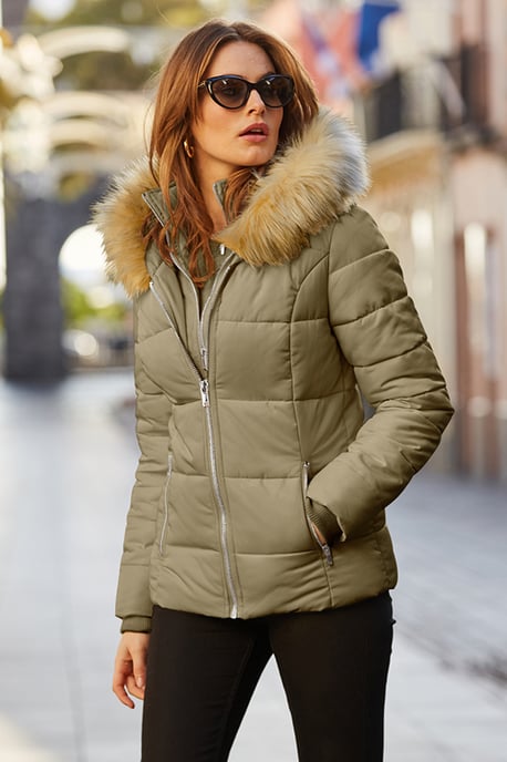 Khaki Green Faux Fur Trim Luxe Padded Coat With Silver Zip Pockets
