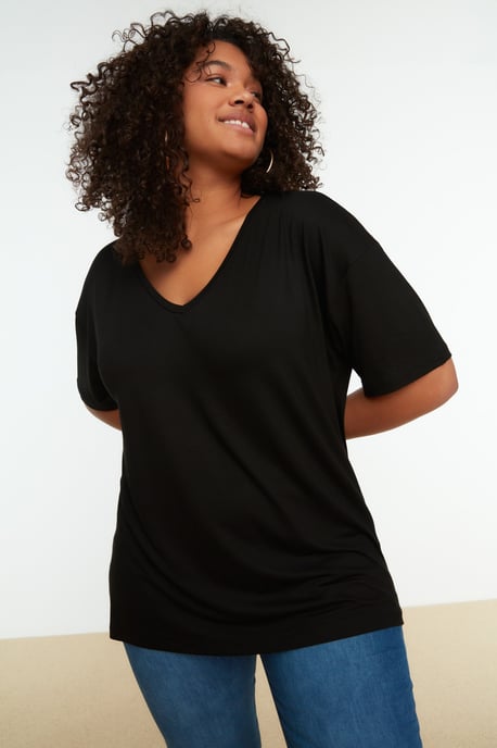 Einfaches V-Ausschnitt Plus-Size T-Shirt im Off-Shoulder Basic-Stil - Image 4